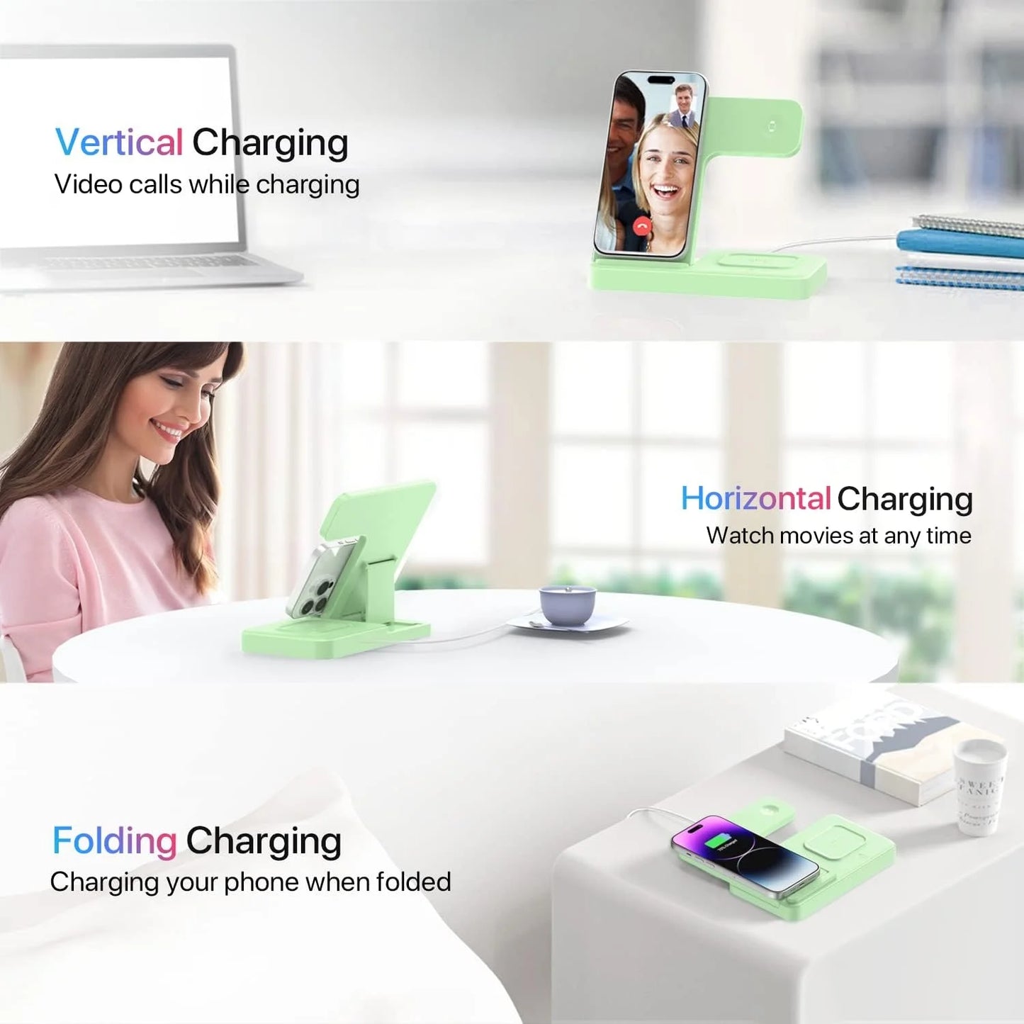 Wireless Charger,3 in 1 Charging Station for Iphone,Fast Wireless Charger Stand Compatible for Apple Watch,Iphone 17 16 15 14 13 12 11 Pro Max Mini plus SE X XS 8 plus & Airpods, Green