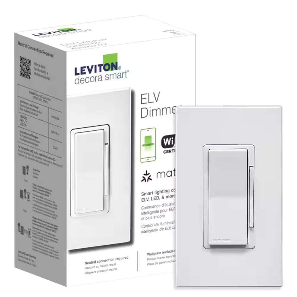 Decora Smart ELV/LED, Phase Selectable Rocker Dimmer Switch, Wi-Fi 2Nd Gen, Neutral Wire Required, White D2ELV-1BW