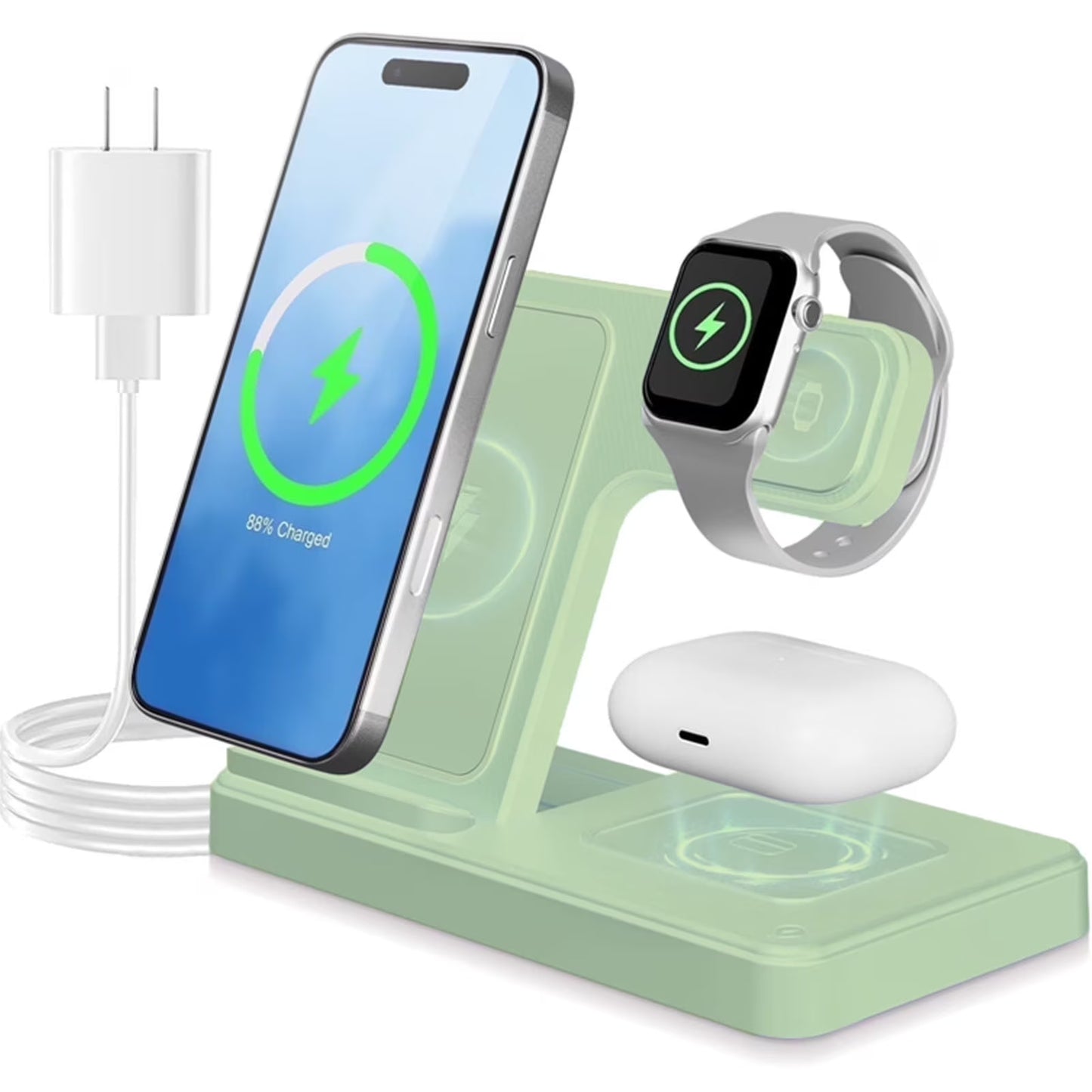 Wireless Charger,3 in 1 Charging Station for Iphone,Fast Wireless Charger Stand Compatible for Apple Watch,Iphone 17 16 15 14 13 12 11 Pro Max Mini plus SE X XS 8 plus & Airpods, Green