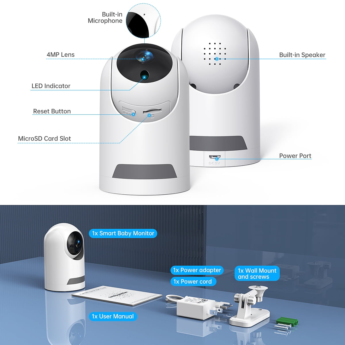 (2 Pack) Baby Monitor, 360° Wireless 5G Nanny Cam with Safety Alerts, 4MP HD Wifi Camera for Human & Pet Detection, Home Security Camera with Two-Way Audio, Motion Tracking, IR Night Vision