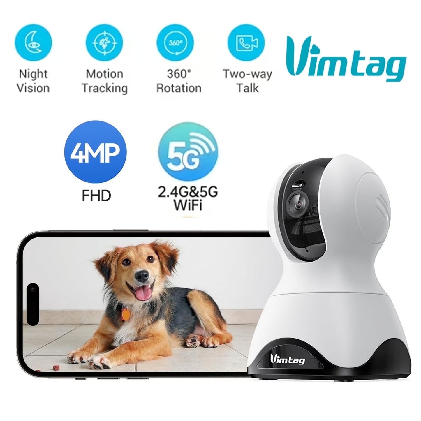 2.5K 5G/2.4Ghz Wifi Pet/Dog/Cat Camera with Phone App, 360° Pan/Tilt Indoor Security Cameras for Home Security, Night Vision, Motion Tracking, 2-Way Audio, Cloud & SD Card Storag, Wired
